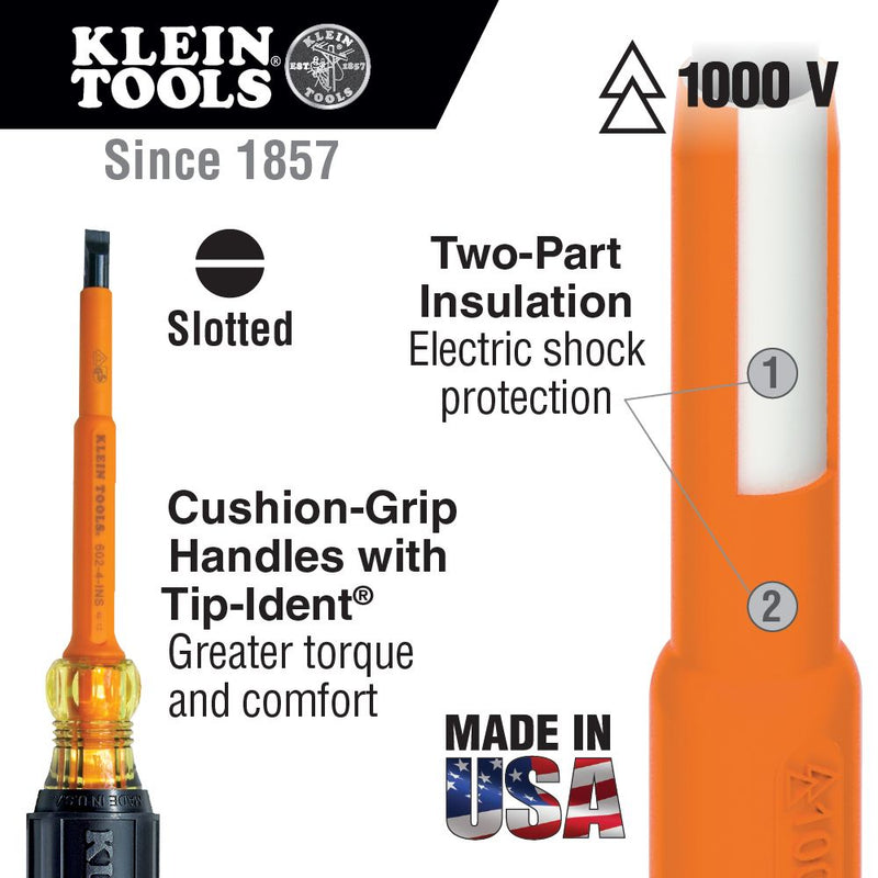 Klein Tools 1/4-Inch Cabinet Tip Insulated Screwdriver, 4-Inch